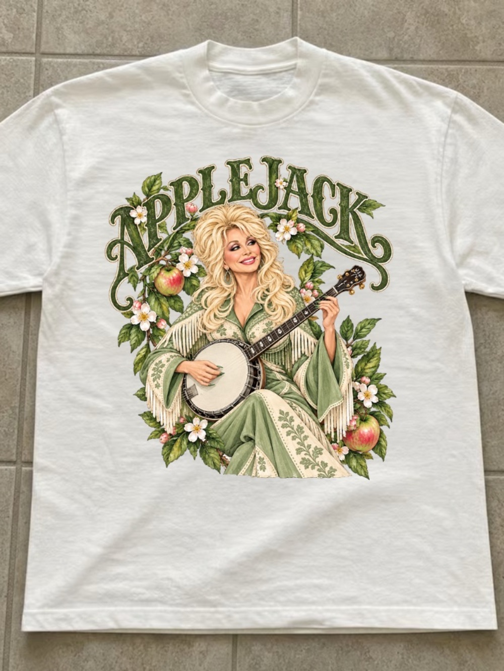 Applejack Dolly Parton Banjo Apples Flowers Green Typography Vintage White Tee